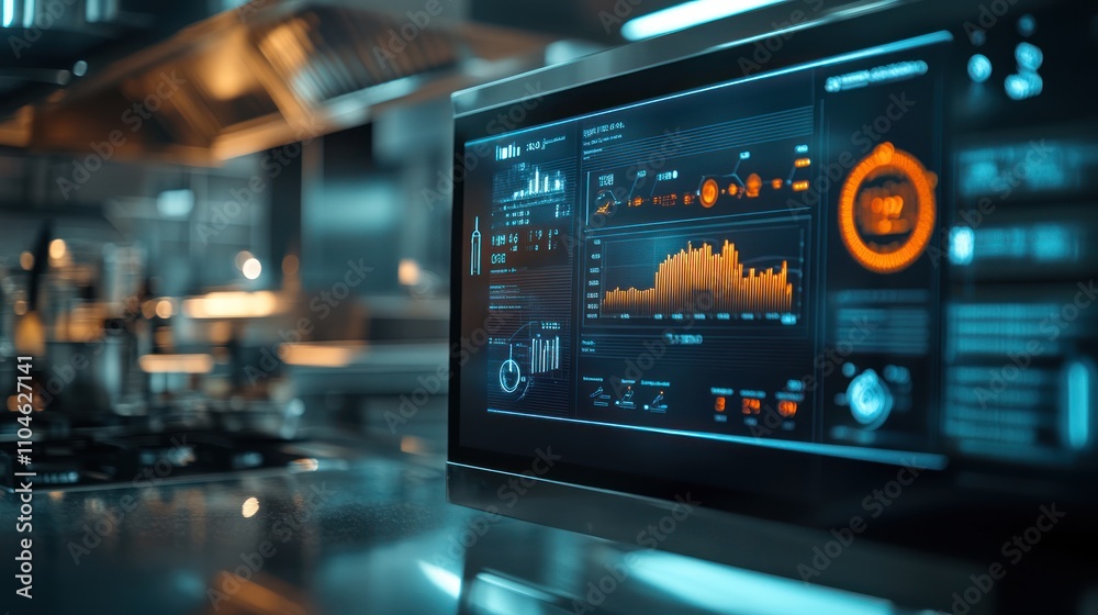 High-tech kitchen display showing cooking data and analytics. High-tech kitchen display showing cooking data and analytics.