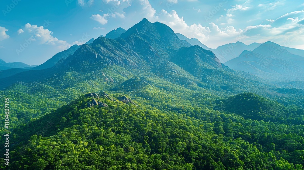 Lush Green Mountain Range under a Clear Blue Sky, Majestic Peaks and Verdant Slopes Lush Green Mountain Range under a Clear Blue Sky, Majestic Peaks and Verdant Slopes