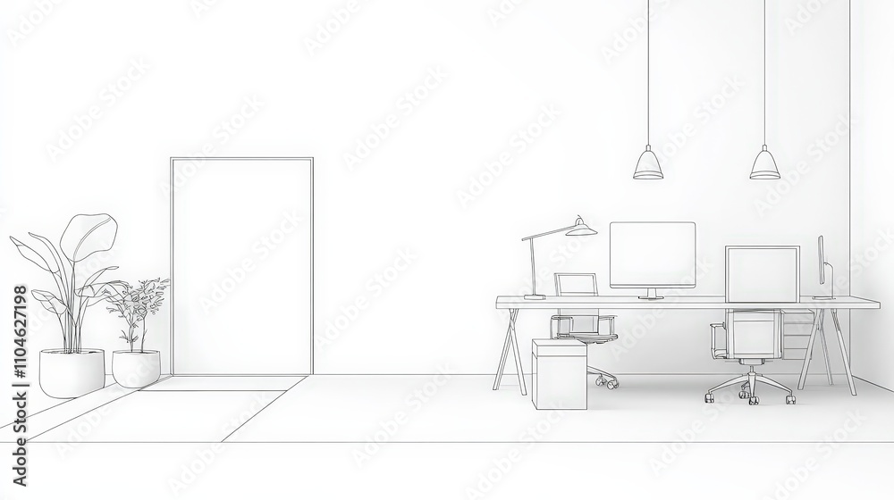 Fototapeta premium Minimalist office interior design with plants and computer setup