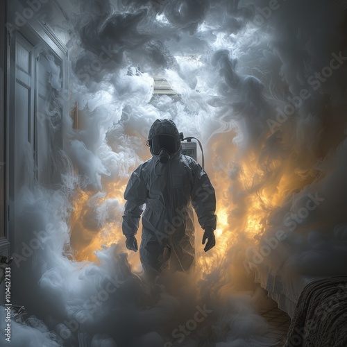 Person in protective suit and gas mask emerging from ethereal smoke-filled environment illuminated by warm glowing lightprotective suit