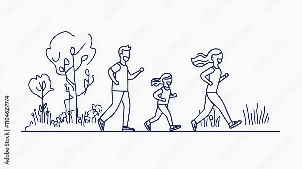 Family Running in Nature with Trees and Grass Illustration Family Running in Nature with Trees and Grass Illustration