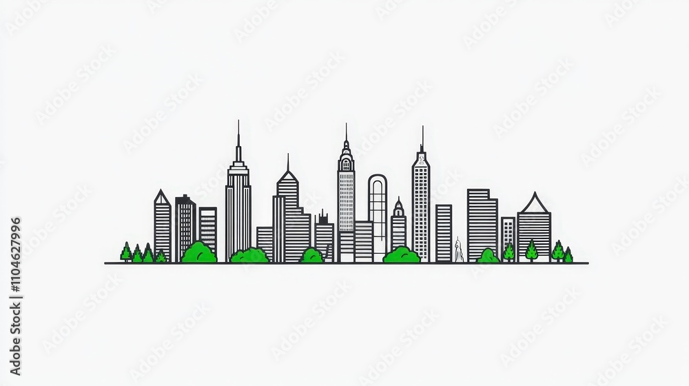 Cartoon Style City Skyline Illustration with Green Trees
