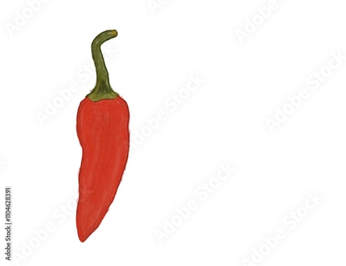 Red chili pepper, hand drawn illustration.  Vibrant red chili pepper illustration. Hand drawn red chili pepper. Isolated.  White background.  Food illustration.