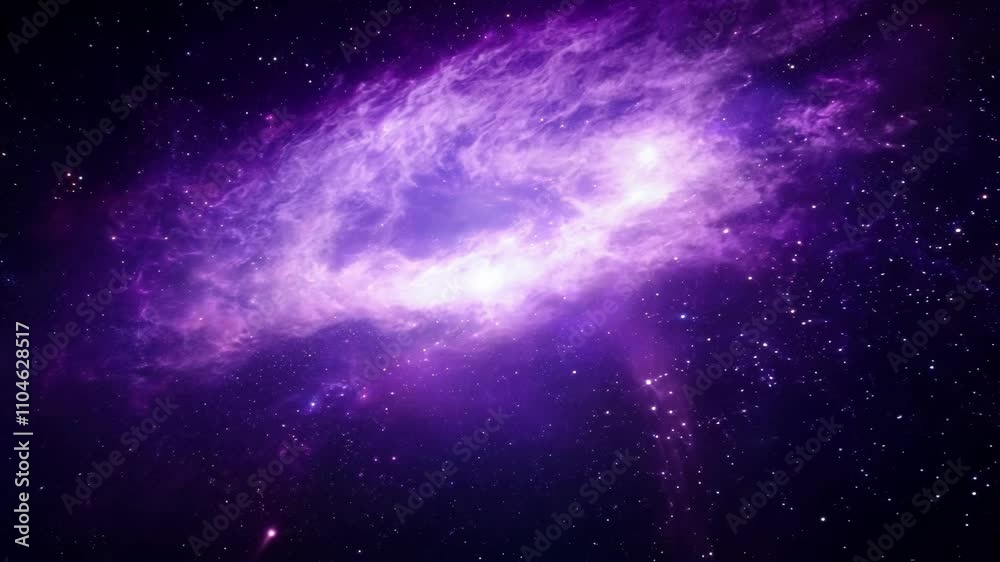 A mesmerizing cosmic view of a purple galaxy with vibrant glowing stars scattered across space, creating a dreamy and magical celestial scene.