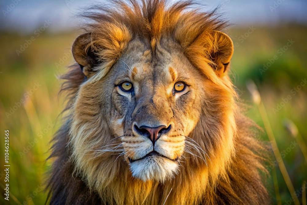 Majestic male lion portrait, golden mane, intense gaze, African savanna. Majestic male lion portrait, golden mane, intense gaze, African savanna.