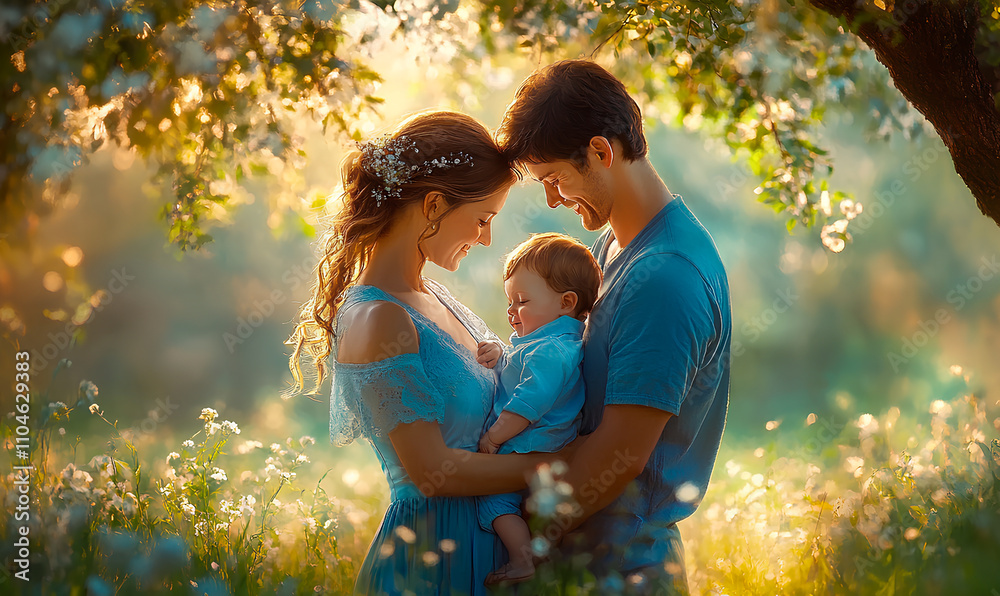 Parents hold their happy baby in a warm, sunlit meadow surrounded by wildflowers Parents hold their happy baby in a warm, sunlit meadow surrounded by wildflowers