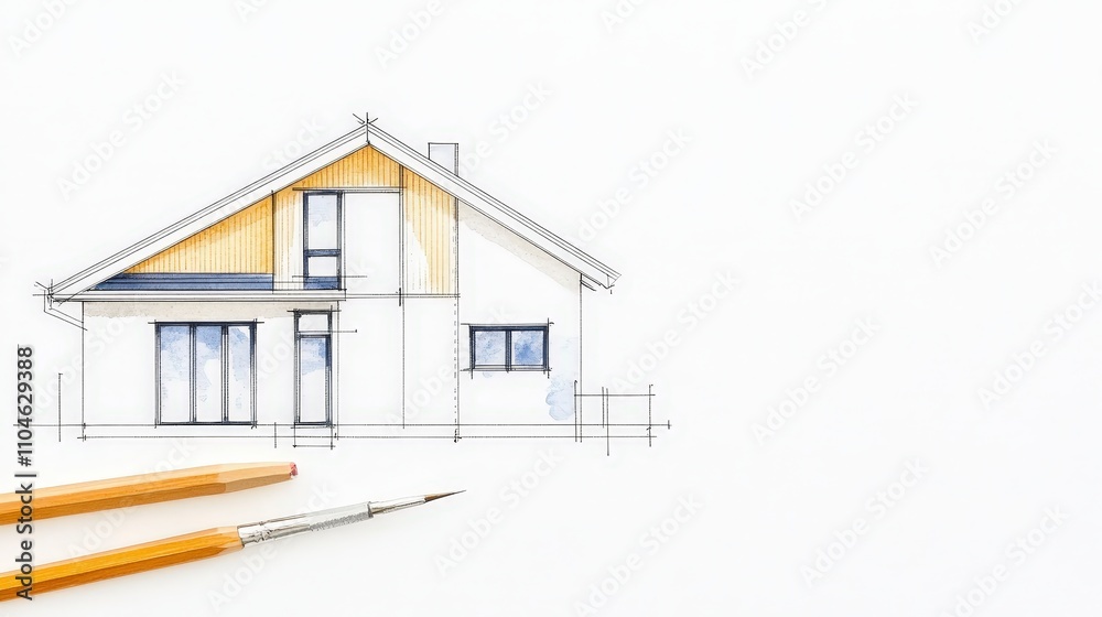 Architectural Drawing of Modern House Design with Sketching Tools Architectural Drawing of Modern House Design with Sketching Tools