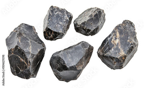 Natural black obsidian stones in various shapes, cut out - stock png.