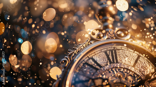 Elegant Antique Clock, New Years Eve, Festive Lights, Sparkling Dust, Time, Celebration, Golden Hour