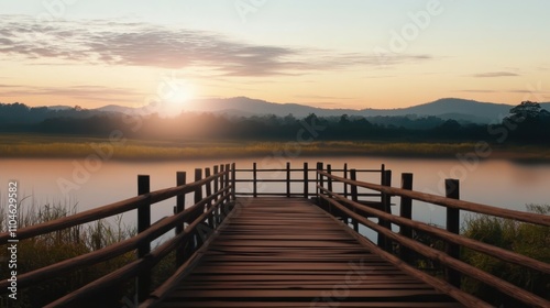 landscape of wooden bridge at the river in the morning 