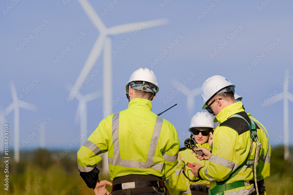A team of engineers in high visibility safety gear stand together at a wind farm, conducting inspections and discussing renewable energy projects. Wind turbines surround them under a clear sky. A team of engineers in high visibility safety gear stand together at a wind farm, conducting inspections and discussing renewable energy projects. Wind turbines surround them under a clear sky.
