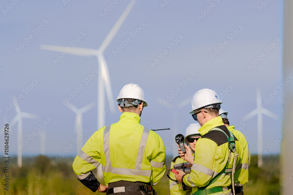 Fototapeta premium A team of engineers in high visibility safety gear stand together at a wind farm, conducting inspections and discussing renewable energy projects. Wind turbines surround them under a clear sky.