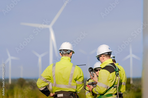 A team of engineers in high visibility safety gear stand together at a wind farm, conducting inspections and discussing renewable energy projects. Wind turbines surround them under a clear sky. photo