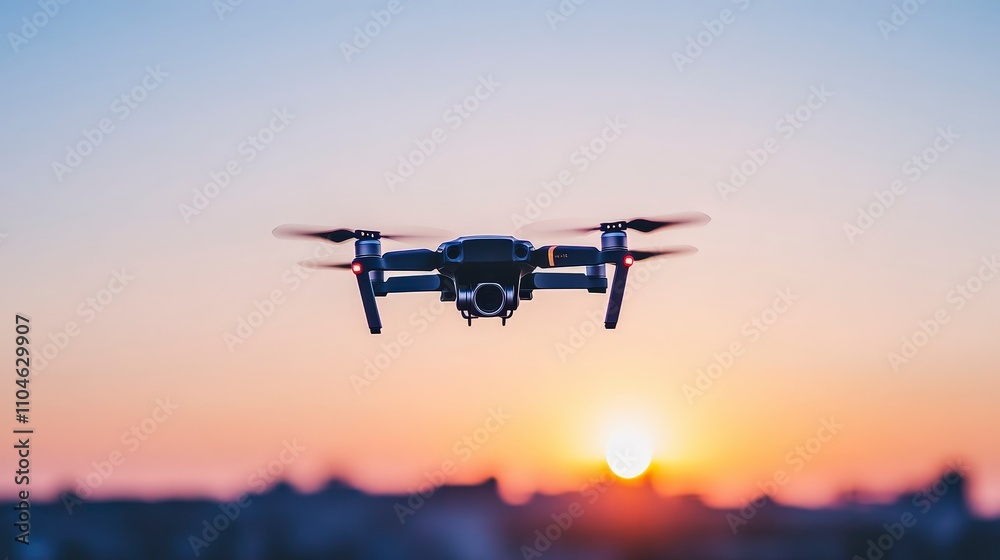 Drone flying in sunset sky capturing stunning aerial photography Drone flying in sunset sky capturing stunning aerial photography