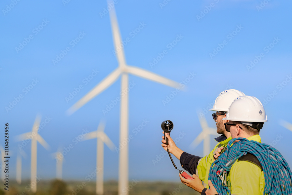 Two engineers wearing high visibility safety jackets and helmets measure wind speed with an anemometer and analyze data on a tablet at a renewable energy site. The cloudy sky adds depth to the scene. Two engineers wearing high visibility safety jackets and helmets measure wind speed with an anemometer and analyze data on a tablet at a renewable energy site. The cloudy sky adds depth to the scene.