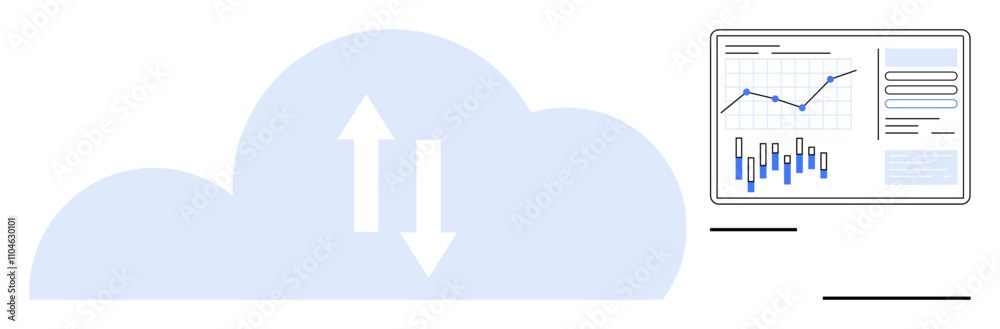 Cloud with upward and downward arrows beside data analytics screen showing graphs and charts. Ideal for technology services, cloud computing, data management, business analytics, networking, IT
