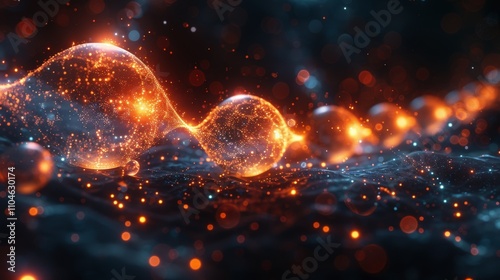 Abstract Visualization of Glowing Orange and Blue Luminescent Particles in Molecular Structure on Dark Background with Bokeh EffectLuminescent