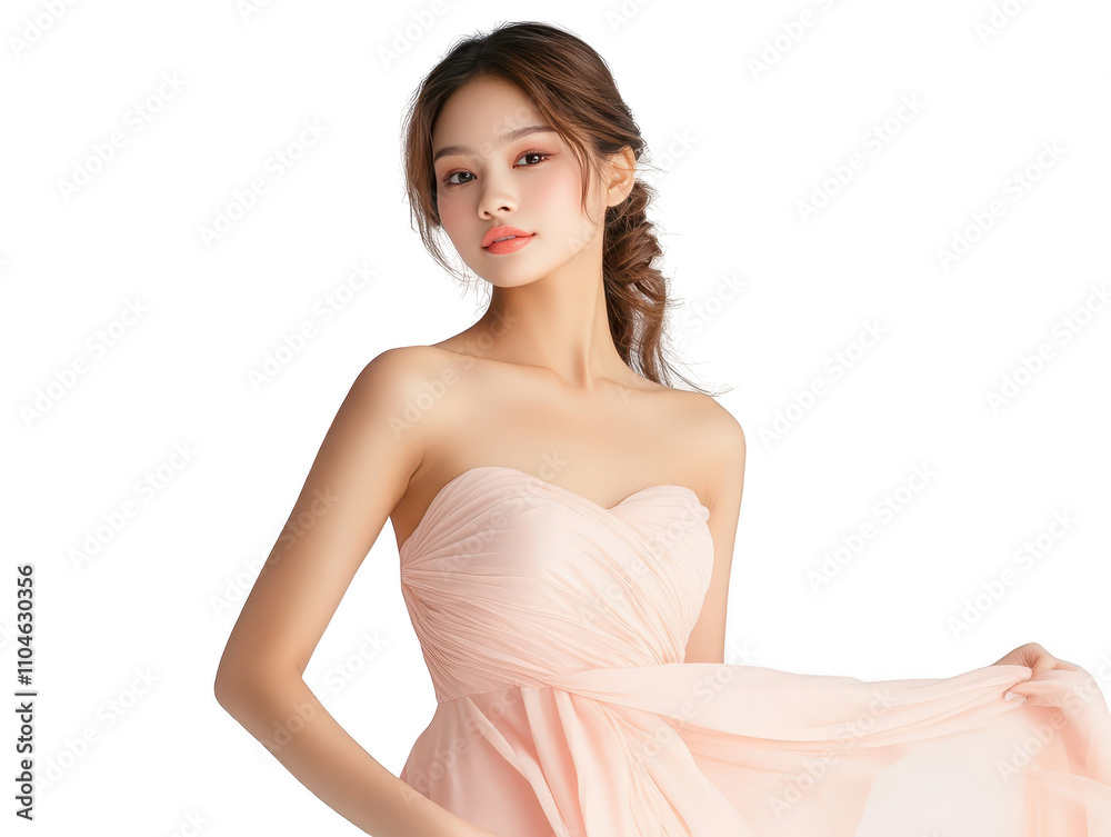 Elegant woman in flowing pink dress strikes graceful pose for fashion portrait Elegant woman in flowing pink dress strikes graceful pose for fashion portrait