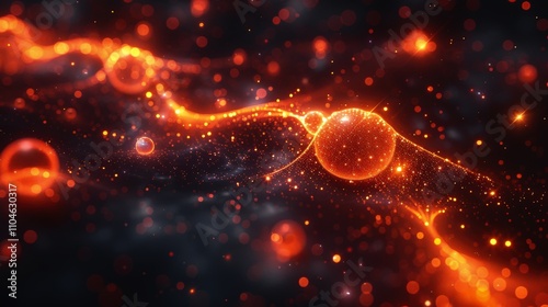 Vibrant Luminescent Abstract Molecular Structure with Glowing Orange Particles and Energy Waves in Dark Cosmic Spaceabstract