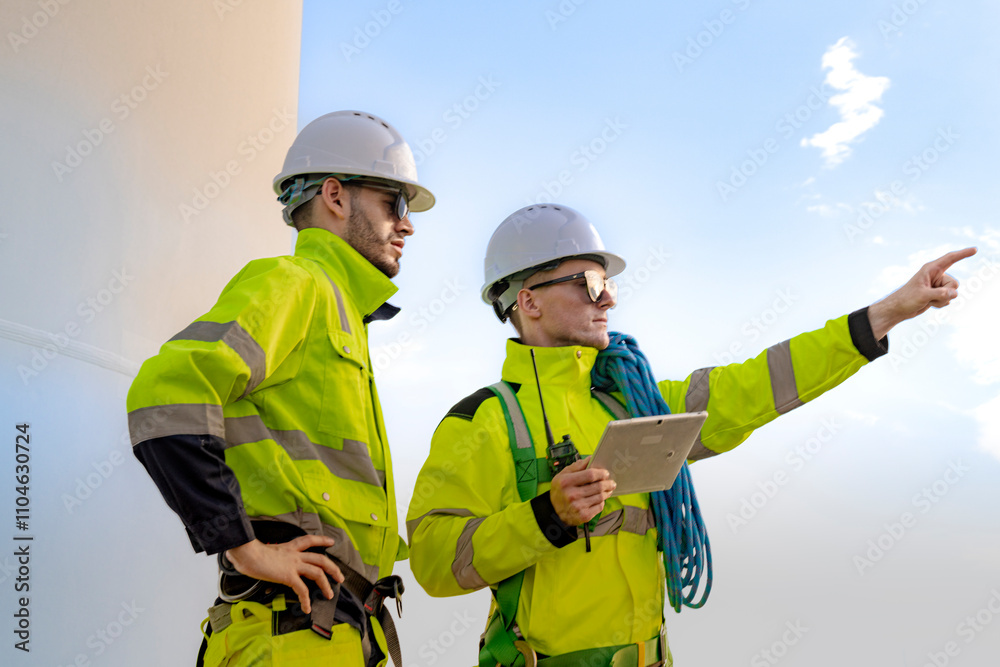 Two engineers in high visibility gear and hard hats observe a wind turbine and communicate via radio at a wind energy site. The image highlights teamwork, safety, and renewable energy production. Two engineers in high visibility gear and hard hats observe a wind turbine and communicate via radio at a wind energy site. The image highlights teamwork, safety, and renewable energy production.