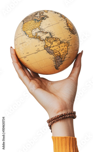 Hand with globe symbolizes connection, cut out - stock png. photo