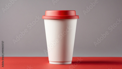 A minimalistic and elegant photo of a plain single white paper cup mock up on red background