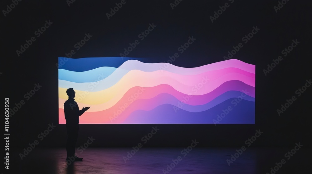 Silhouette of Person with Colorful Abstract Screen Display in Dark Silhouette of Person with Colorful Abstract Screen Display in Dark