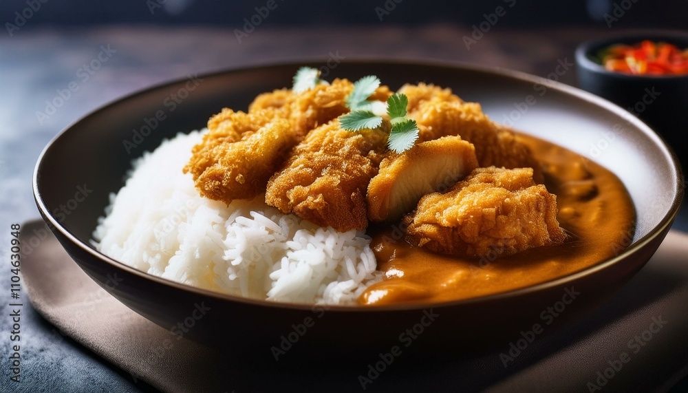 A hearty Japanese curry with crispy breaded pork or chicken cutlet served over steamed rice A hearty Japanese curry with crispy breaded pork or chicken cutlet served over steamed rice
