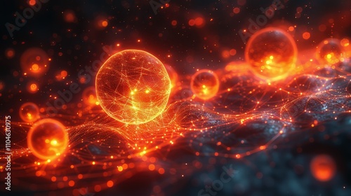 Futuristic digital abstract background with luminous glowing spheres and interconnected energy lines in vivid red and orange huesdigital