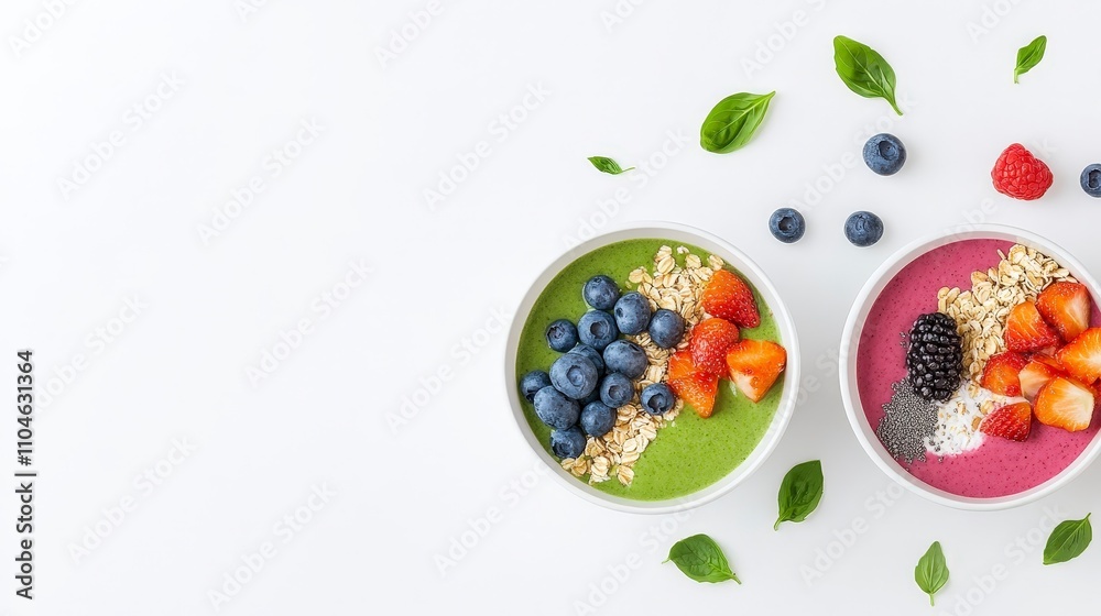 Colorful Smoothie Bowls with Fresh Fruits and Oats on White Background Colorful Smoothie Bowls with Fresh Fruits and Oats on White Background