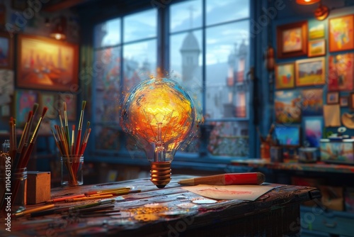 Magical Artistic Studio with Glowing Light Bulb on Wooden Table Surrounded by Colorful Paint Brushes and Canvases in Cozy Creative Spaceart studio