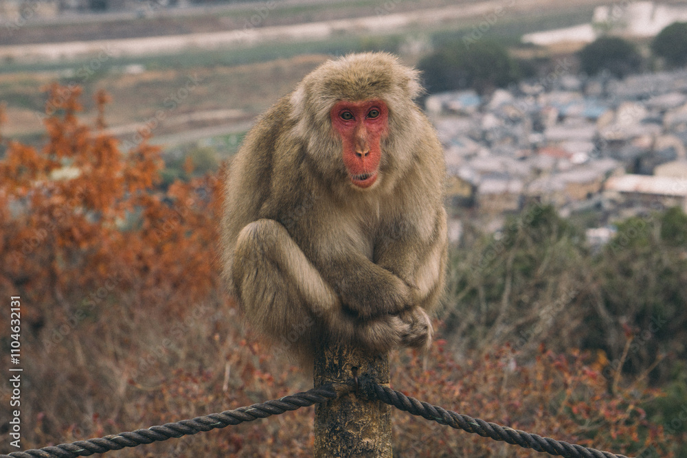 Naklejka premium Retrato de mono en Arashiyama, Kyoto, arriba de un poste en invierno.