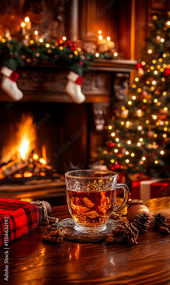 christmas home with cup of tea and christmas tree christmas home with cup of tea and christmas tree
