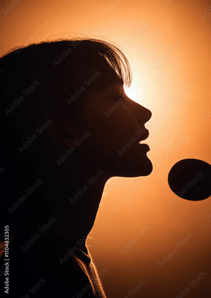 A stunning silhouette of a singer against a warm, glowing background, highlighting the contours of her profile and the microphone, evoking passion and artistry in music. A stunning silhouette of a singer against a warm, glowing background, highlighting the contours of her profile and the microphone, evoking passion and artistry in music.