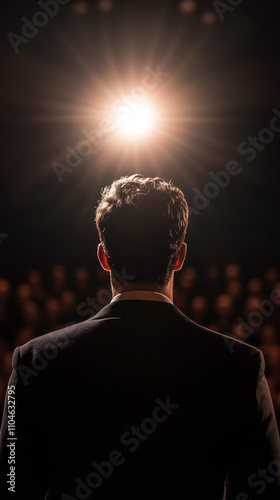 A poised speaker stands before an audience, illuminated by a bright stage light. The scene captures the anticipation and energy of a significant presentation or speech. photo