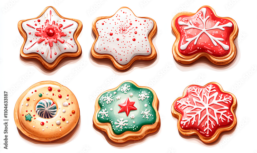 Set of six christmas cookies decorated with red and white icing, perfect for holiday celebrations