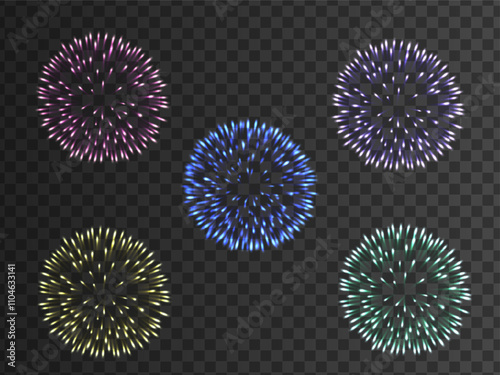 Vector Multicolored fireworks on isolated transparent background. Sparkle Light Firework. Holiday fireworks. Firework, Vector, Fire, Festive set colorful fireworks celebration card, festival banner