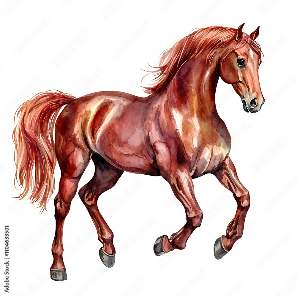 Obraz premium Watercolor painting of a chestnut horse in motion, showcasing its powerful musculature and flowing mane and tail.