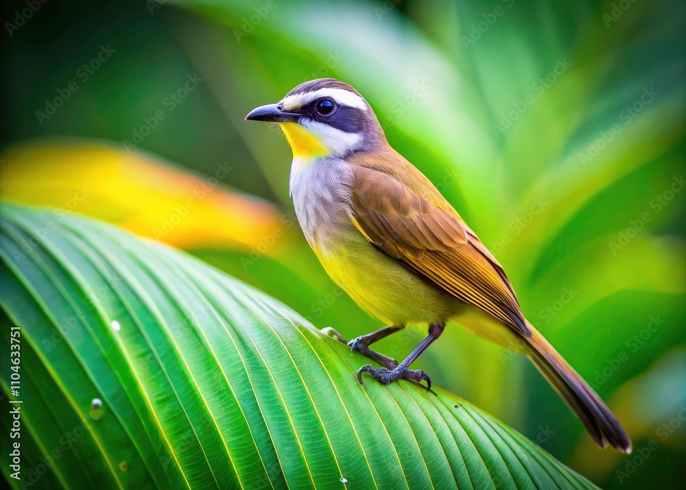 Fototapeta premium Stunning Tilt-Shift Photography of a Yellow-vented Bulbul in Lush Tropical Setting - Nature, Wildlife, Birdwatching, Avian Beauty, Colorful Plumage,