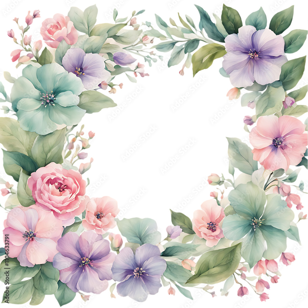 Fototapeta premium Pastel Floral Wreath: Watercolor Roses, Flowers