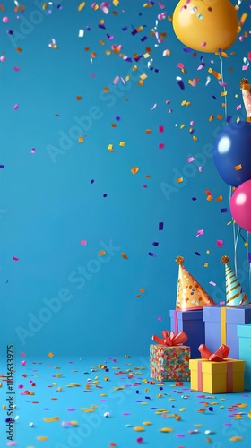 Festive Birthday Celebration with Balloons, Gifts, and Confetti