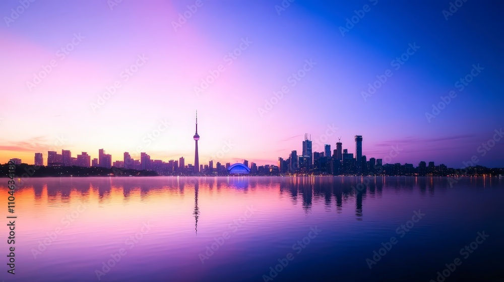 Stunning Sunset Over City Skyline with Reflections in Water Stunning Sunset Over City Skyline with Reflections in Water