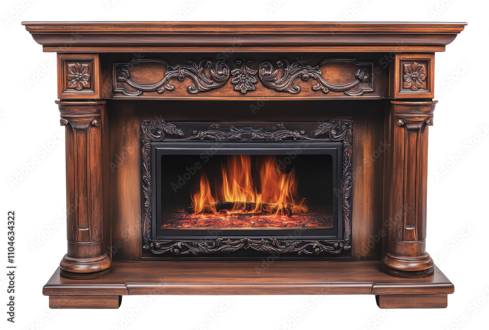 Elegant fireplace with intricate woodwork design, cut out - stock png. Elegant fireplace with intricate woodwork design, cut out - stock png.