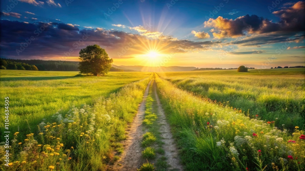 Fototapeta premium Straight Path Meadow Landscape Photography - Rural Scenery, Countryside Walkway, Grassland Trail Image