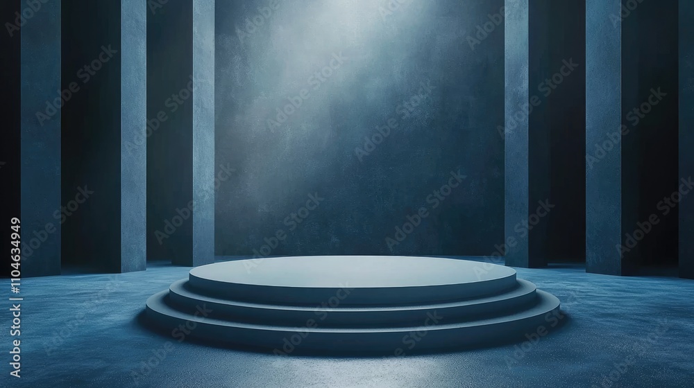 A Blue, Circular Platform with Three Levels in a Moody Interior A Blue, Circular Platform with Three Levels in a Moody Interior
