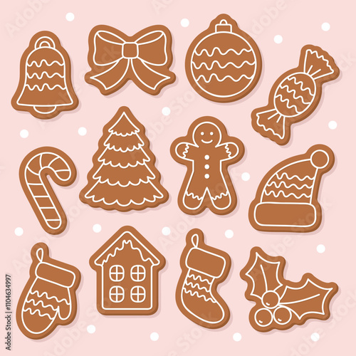 gingerbread cookies set, Christmas biscuits or Lebkuchen, vector decorative elements