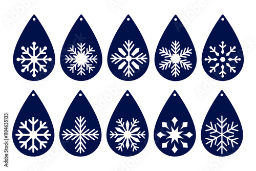 Set of winter teardrop earrings, pendant or keychain designs with snowflakes. Christmas jewelry cutting template. Laser cut with leather, wood or metal. Vector silhouette