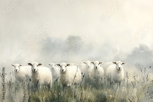 Serene Flock of Sheep in Misty Meadow A Pastoral Oil Painting.