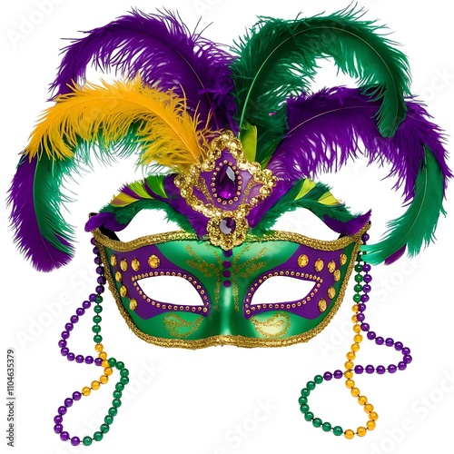 Vibrant Mardi Gras Masquerade Mask with Green, Purple, and Gold Hues, Intricate Golden Embellishments, Feathers, and Beaded Strings Isolated on White Background