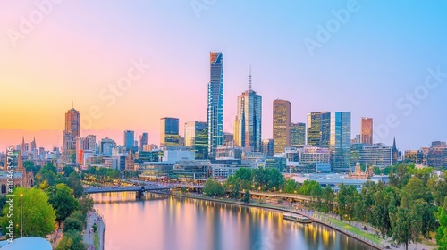 Vibrant Cityscape of Melbourne at Sunset Over Calm Yarra River